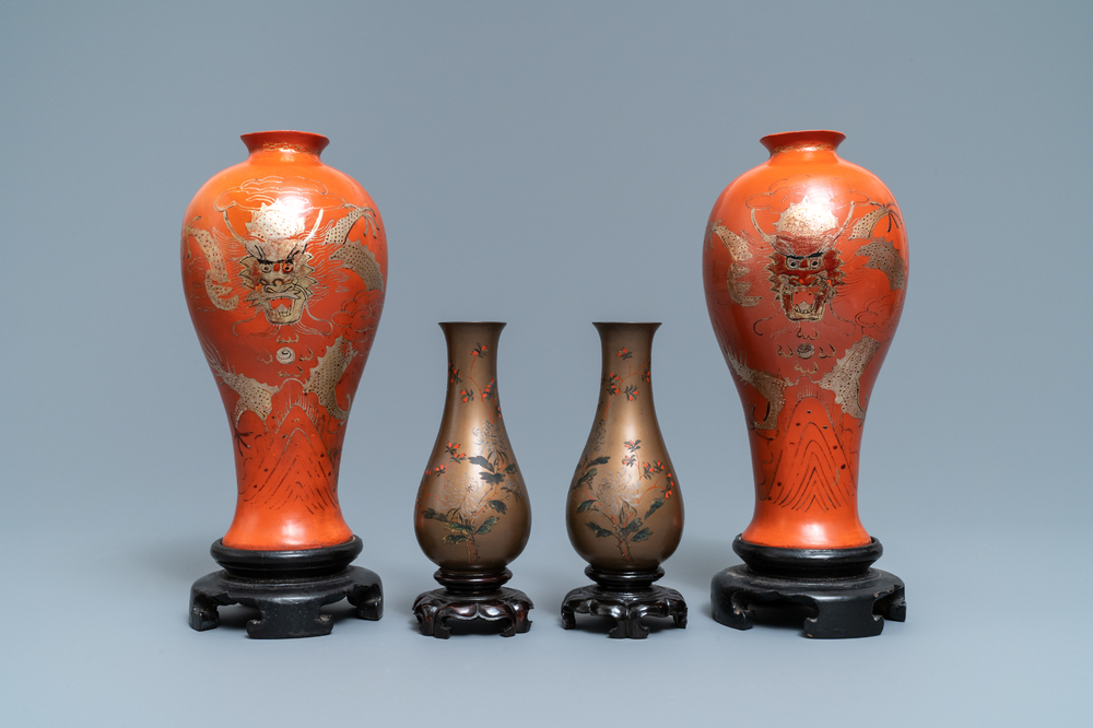 Deux paires de vases en laque de Chine, Fujian, R&eacute;publique, 20&egrave;me