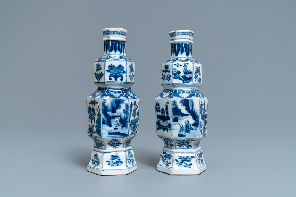 A pair of hexagonal Chinese blue and white vases, Kangxi