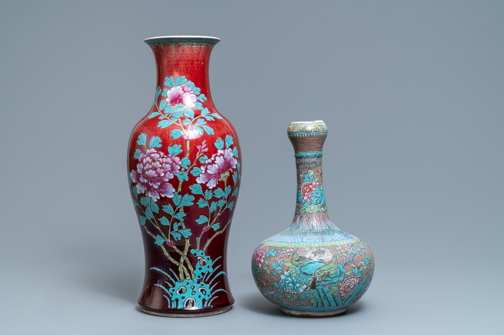 Two enamelled Chinese monochrome sang-de-boeuf and flamb&eacute; vases, 19th C.