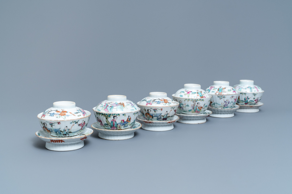 Six Chinese famille rose covered bowls on stands, 19th C.
