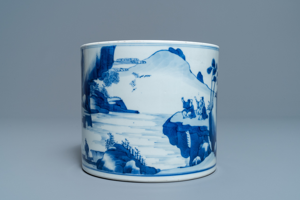 A Chinese blue and white 'landscape' brush pot, bitong, Kangxi