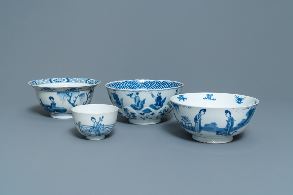 Four Chinese blue and white bowls, Chenghua and Xuande marks, Kangxi