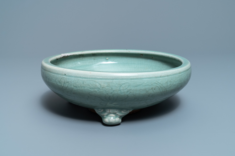 A large Chinese Longquan celadon tripod incense burner, Ming