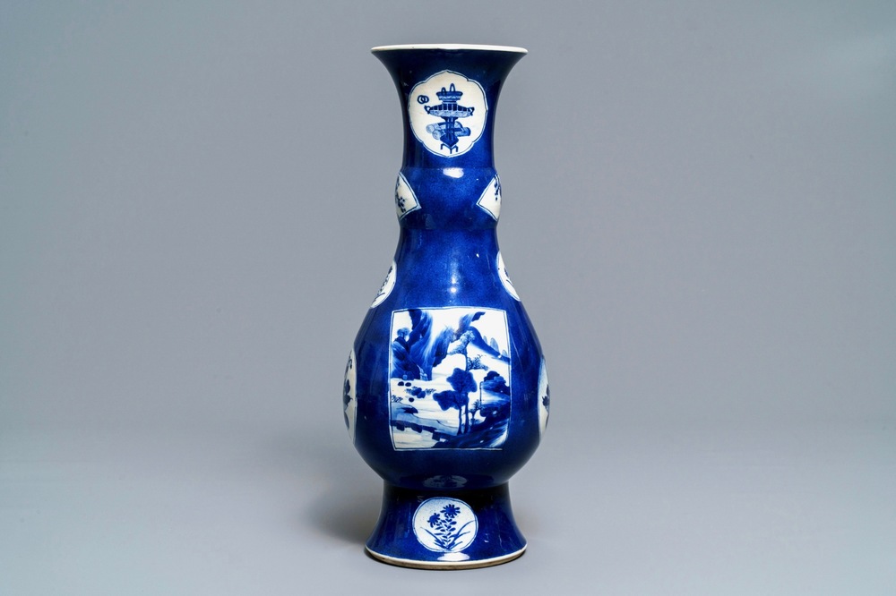 A Chinese powder blue-ground vase with landscape medallions, Kangxi