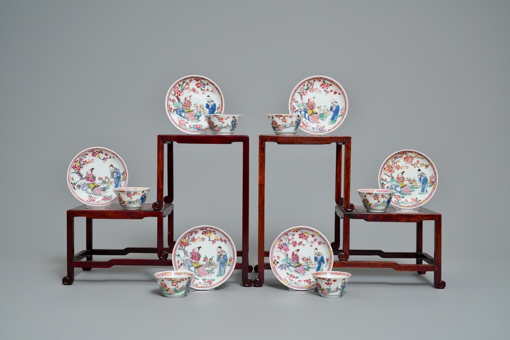 Zes Chinese famille rose koppen en schotels, Yongzheng