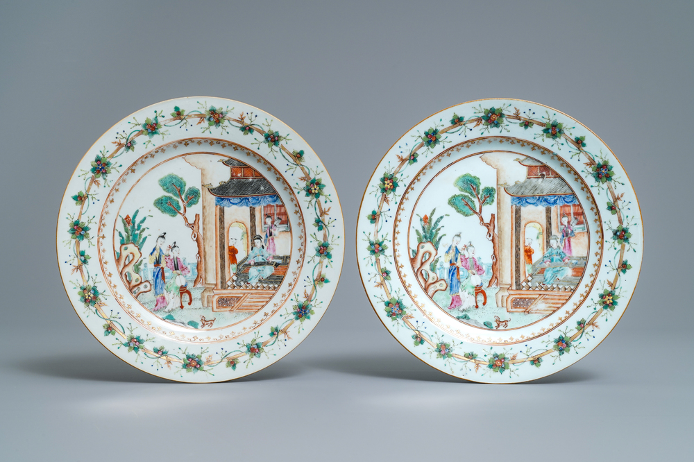 A pair of Chinese famille rose plates with fine 'Mandarin' design, Qianlong