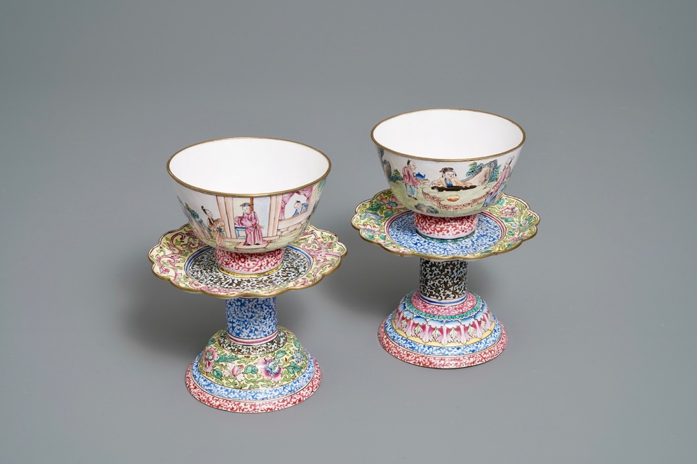 Two Chinese Canton enamel marriage bowls on stands, Yongzheng/Qianlong