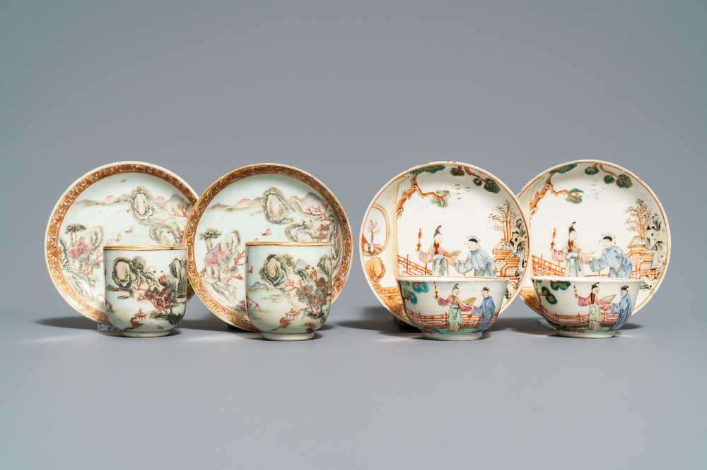 Twee paar fijne Chinese famille rose koppen en schotels, Yongzheng/Qianlong