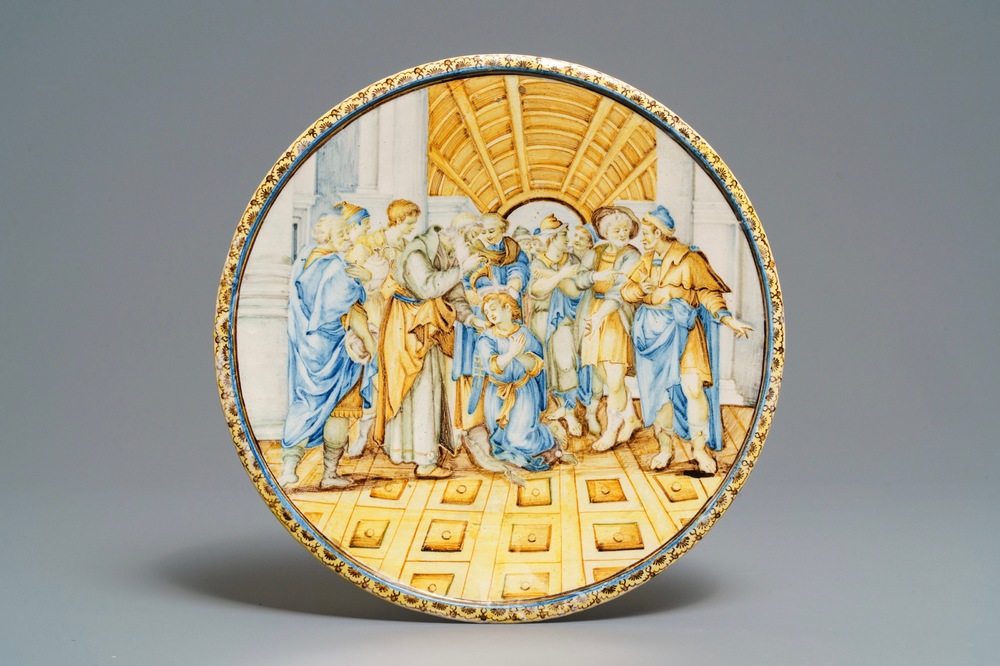 An Italian maiolica tazza with fine biblical scene, Castelli, Grue workshop, 18th C.