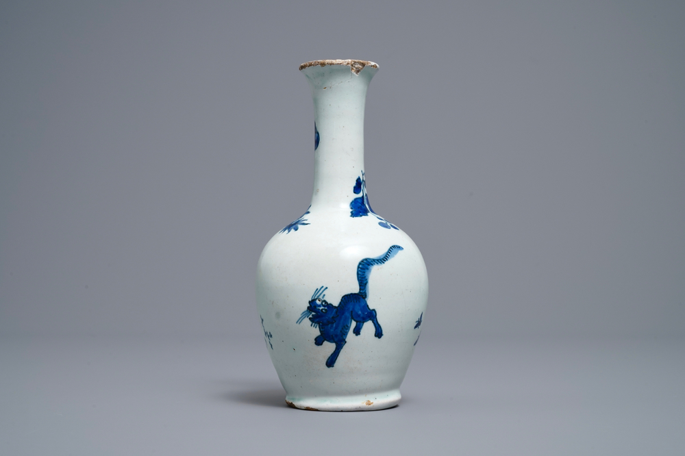 A Dutch Delft blue and white Kakiemon-style bottle vase, late 17th C.