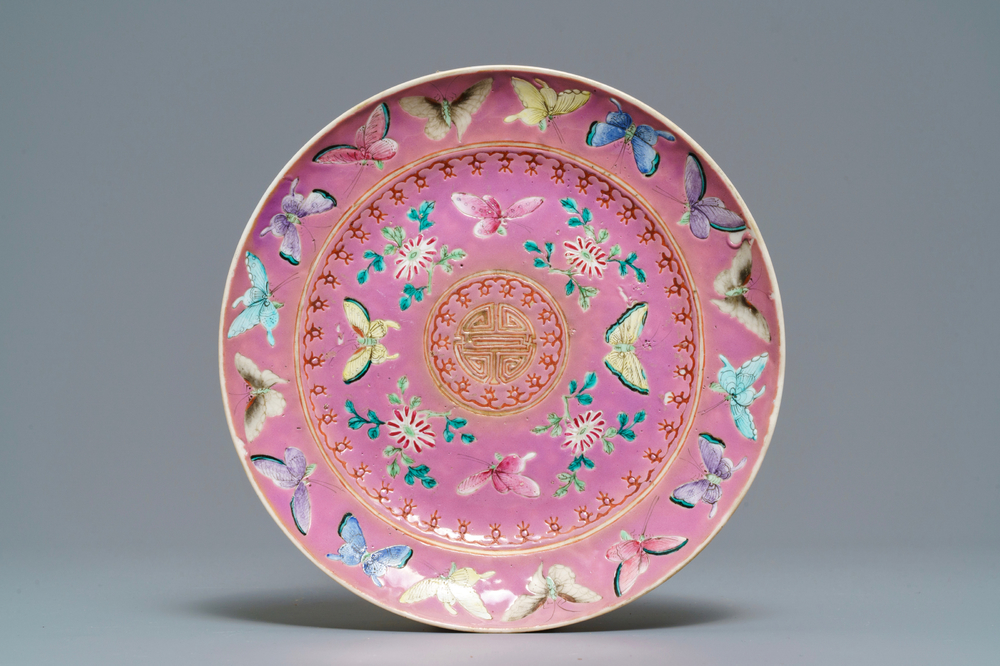 A Chinese pink-ground famille rose Straits, Peranakan or Nyonya market plate, 19th C.