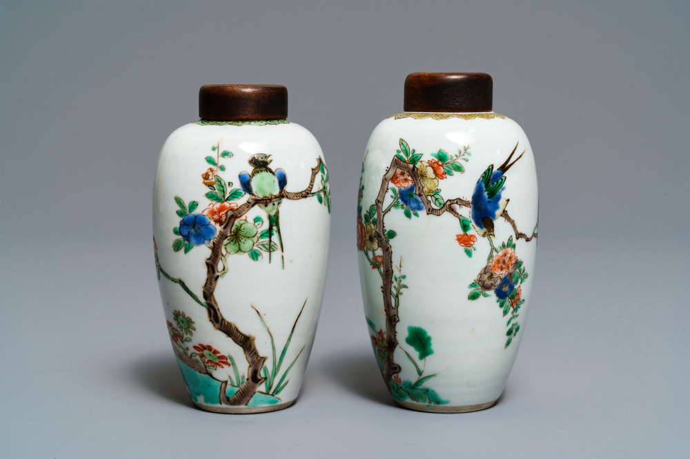 Two Chinese famille verte vases with birds on blossoming branches, Kangxi