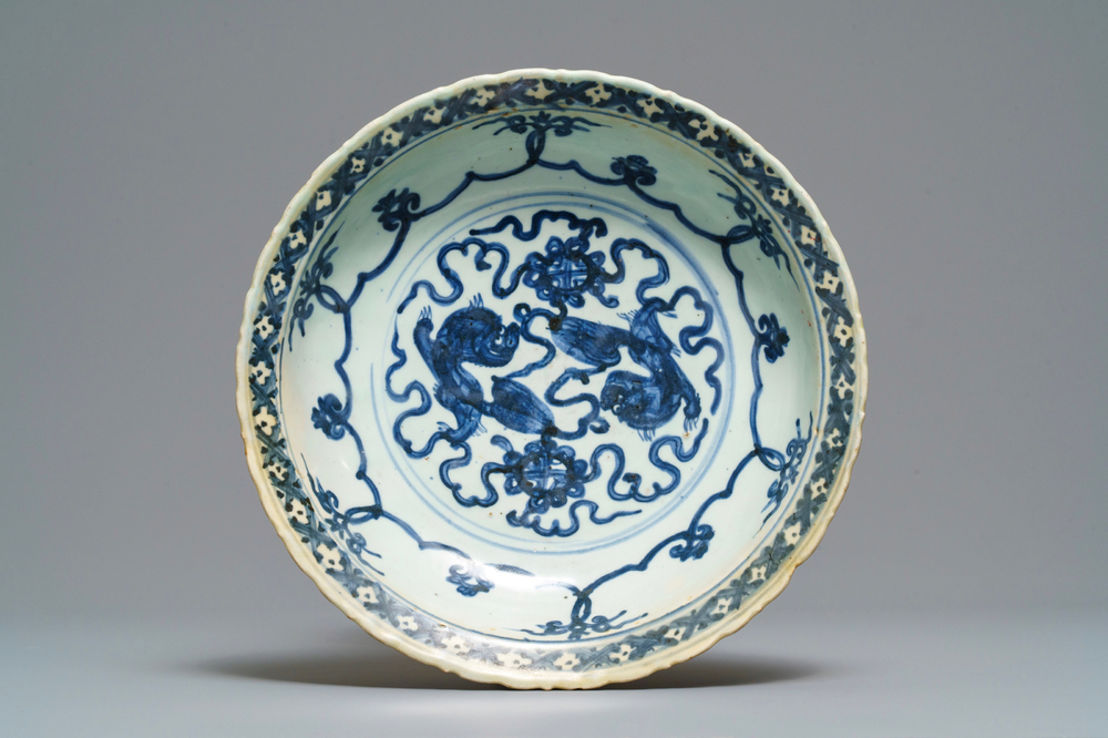 A Chinese blue and white 'Buddhist lions' dish, Da Ming Nian Zhao mark, Jiajing