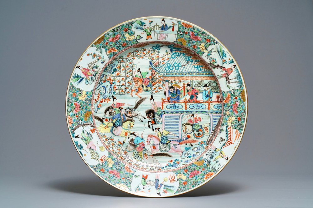 A massive Chinese famille rose 'General Yang and Mu Guiying' charger, Yongzheng