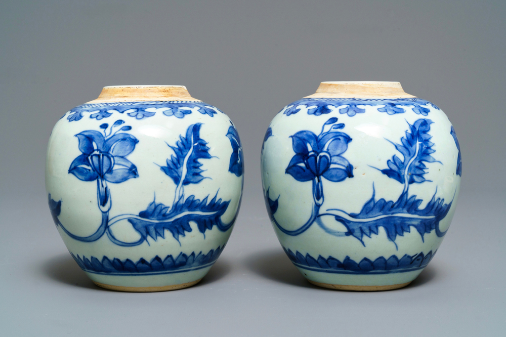 A pair of Chinese blue and white jars with floral design, Kangxi
