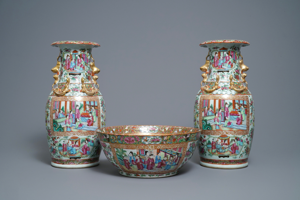 A pair of Chinese Canton famille rose vases and a bowl, 19th C.