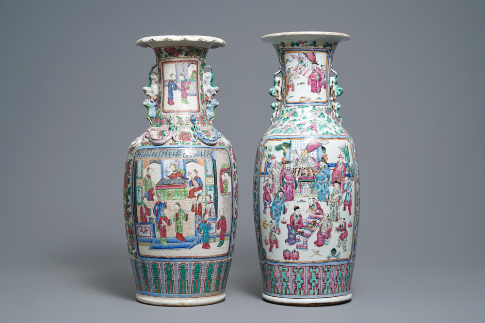 Two Chinese famille rose 'court scene' vases, 19th C.