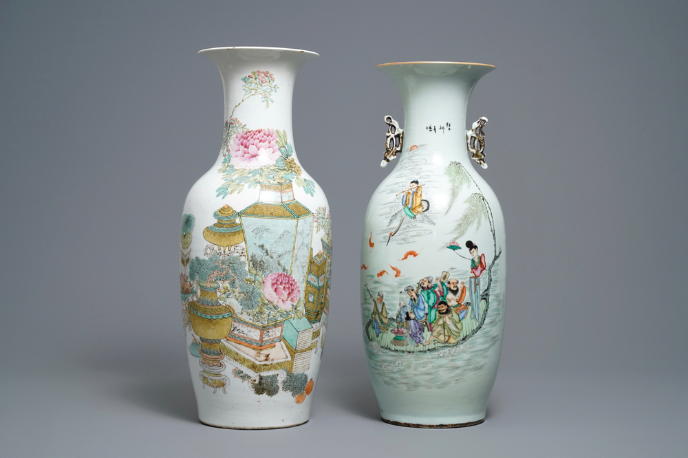 Two Chinese qianjiang cai and famille rose vases, one signed Xu Pinheng, 19th and 20th C.