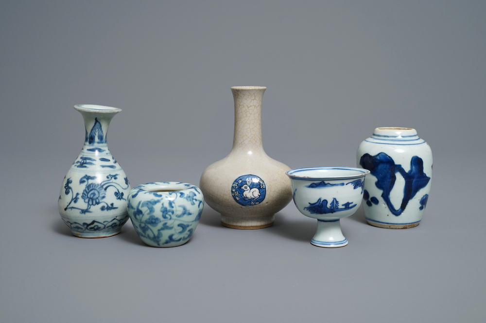 Three Chinese blue and white vases, a brush washer and a stem cup, Ming and later