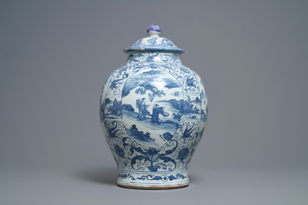 A Chinese blue and white vase and cover with figural design, Wanli