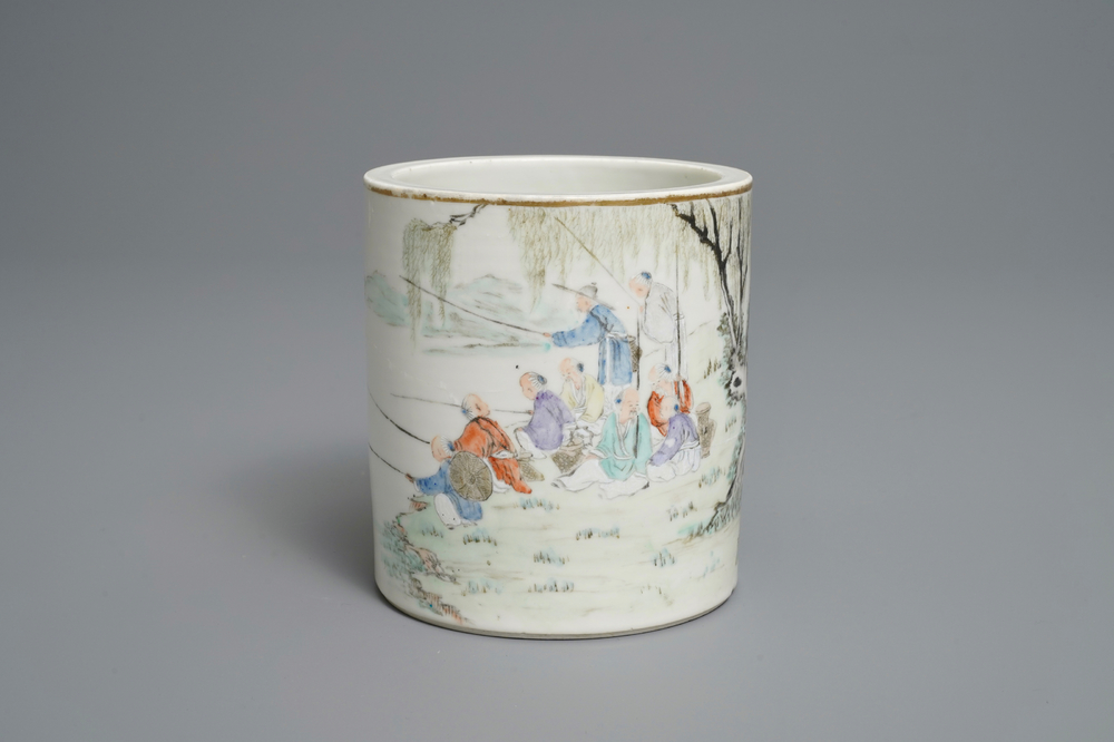 A Chinese qianjiang cai brush pot with fishermen, signed Tan Yin Jie, dated 1875-1884