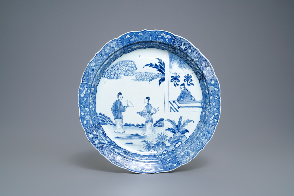 A large Chinese blue and white 'Romance of the Western chamber' dish, Qianlong