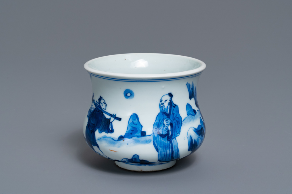 A Chinese blue and white censer with figures in a landscape, Kangxi