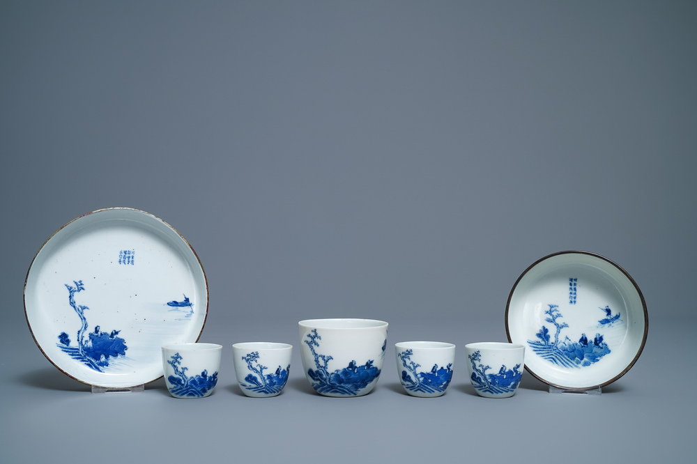 A Chinese 7-piece blue and white Vietnamese market 'Bleu de Hue' tea service, 19th C.