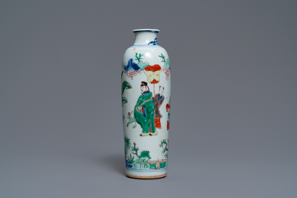 A Chinese wucai rouleau vase, Transitional period