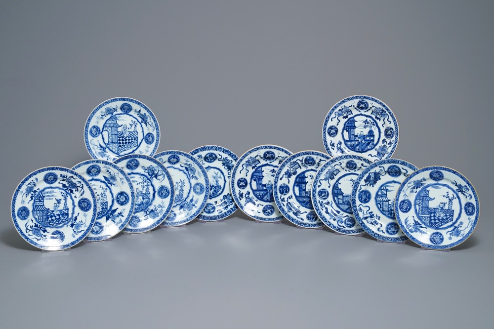 Twelve Chinese blue and white plates with boys, Kangxi