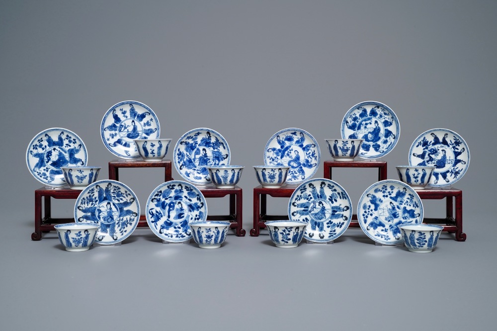Ten Chinese blue and white 'Long Eliza' cups and saucers, Kangxi