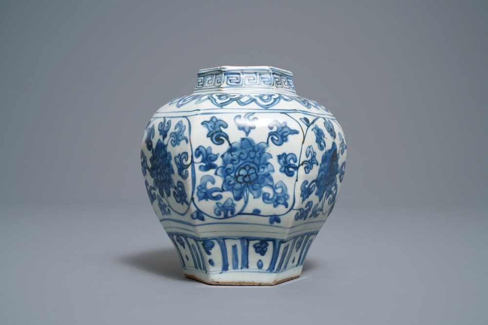 A Chinese hexagonal blue and white 'lotus scroll' vase, hare mark, Wanli