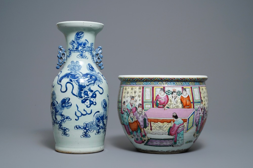 A Chinese blue and white celadon vase and a famille rose jardini&egrave;re, 19th C.