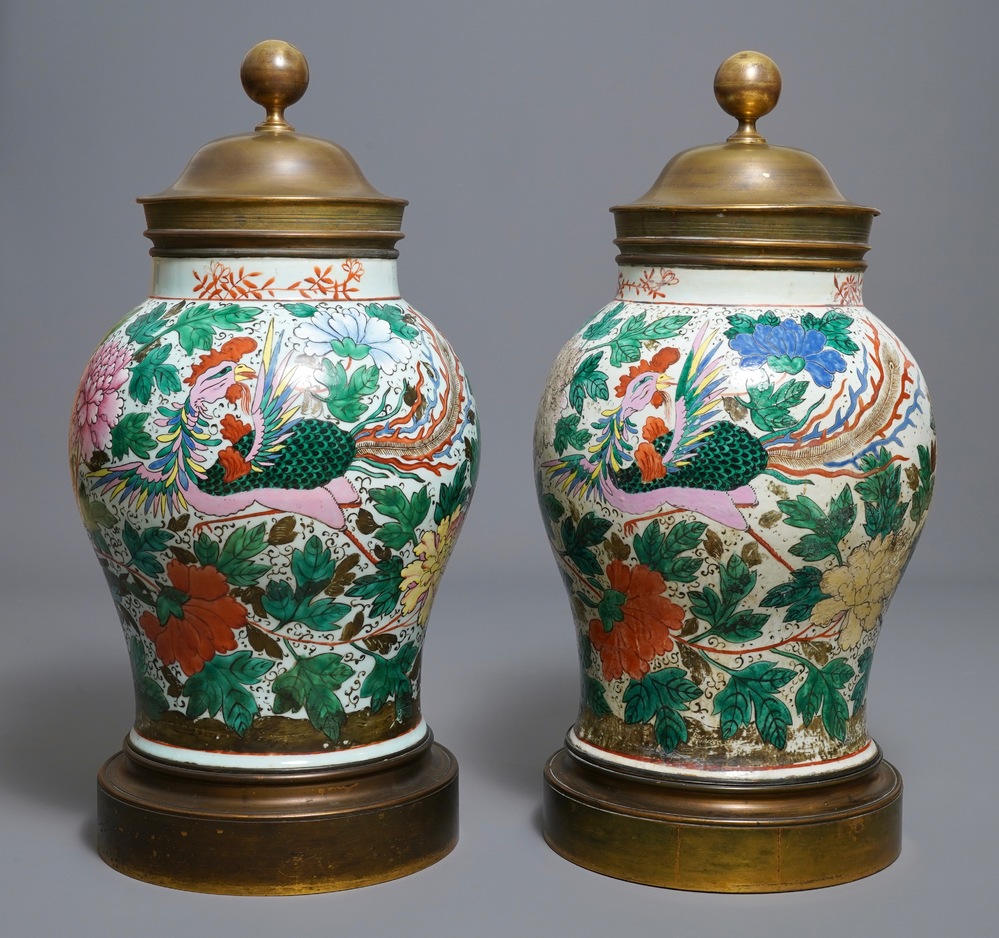 A pair of large bronze-mounted Chinese famille rose vases, 19th C.