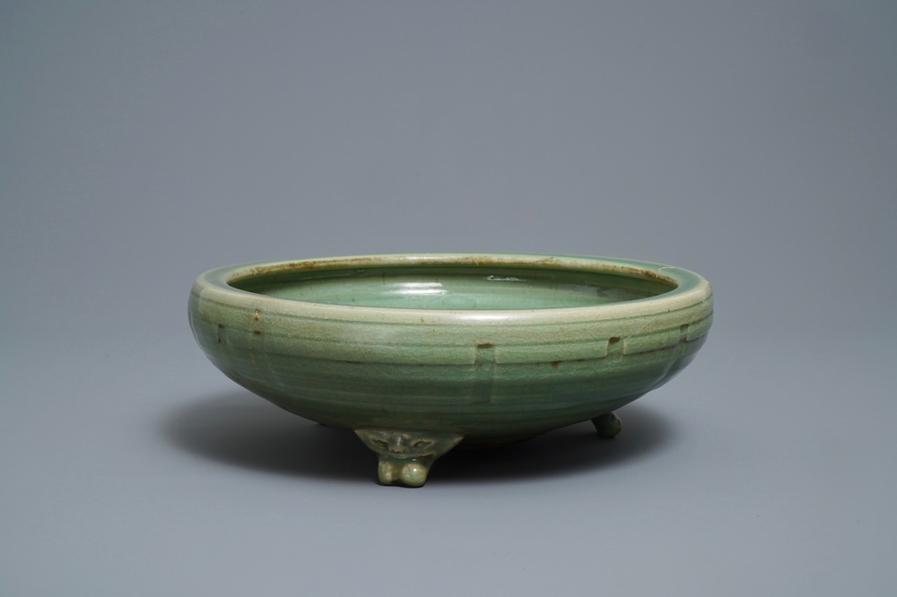 A large Chinese Longquan celadon tripod incense burner, Ming