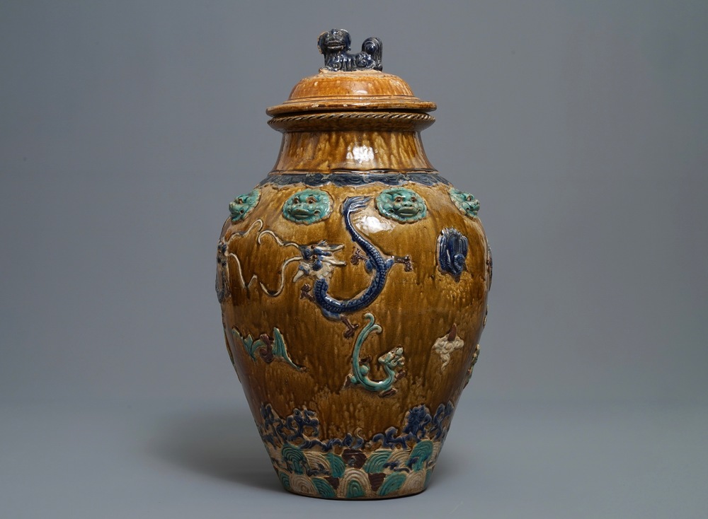 A large Chinese polychrome stoneware martaban jar and cover, Ming/Qing