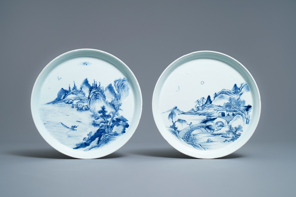 Two Chinese blue and white 'river landscape' dishes, Kangxi/Yongzheng