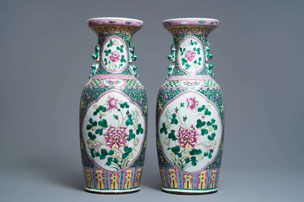 A pair of Chinese famille rose 'peony' vases, 19th C.