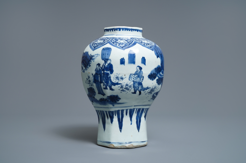 A Chinese blue and white baluster vase with figures in a landscape, Transitional period