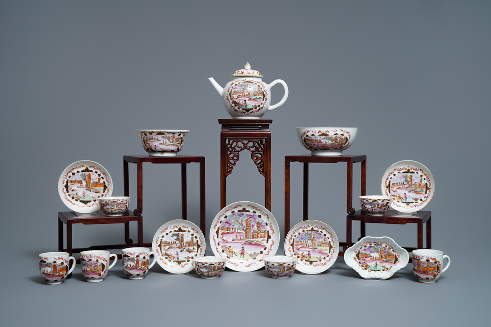 A Chinese famille rose and gilt Meissen-style 17-piece tea service, Qianlong