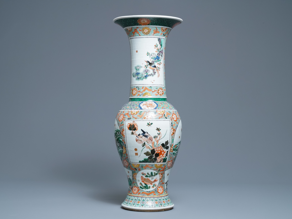 A large Chinese famille verte yenyen vase with animals and flowers, 19th C.