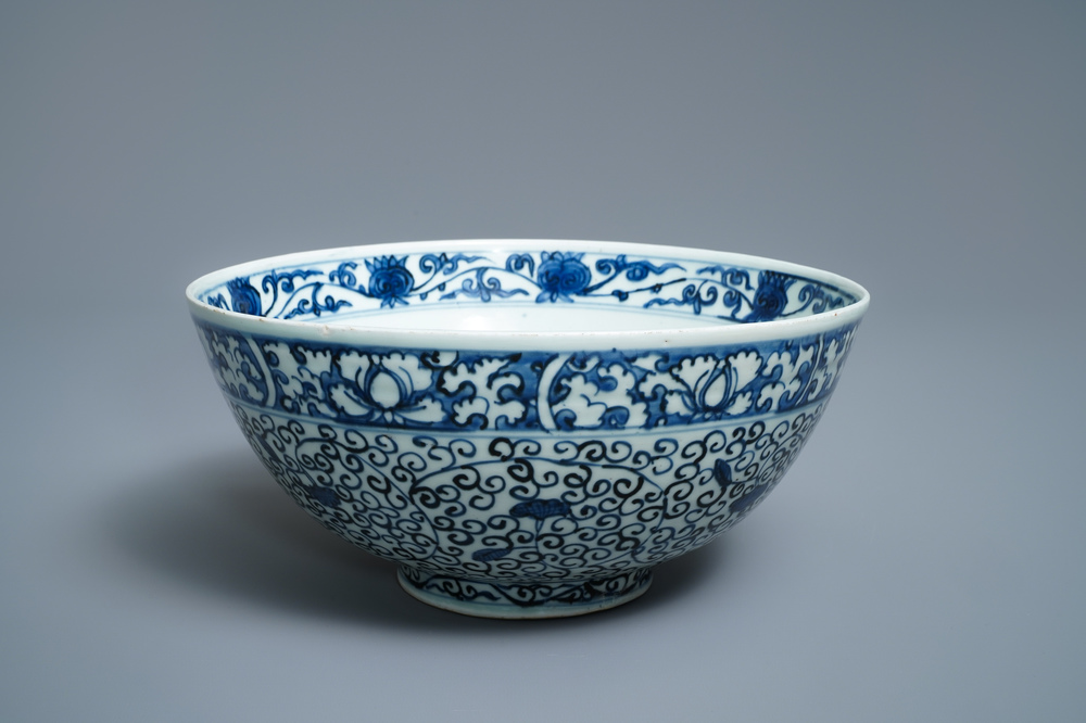 A Chinese blue and white bowl with a qilin and flower scrolls, Wanli