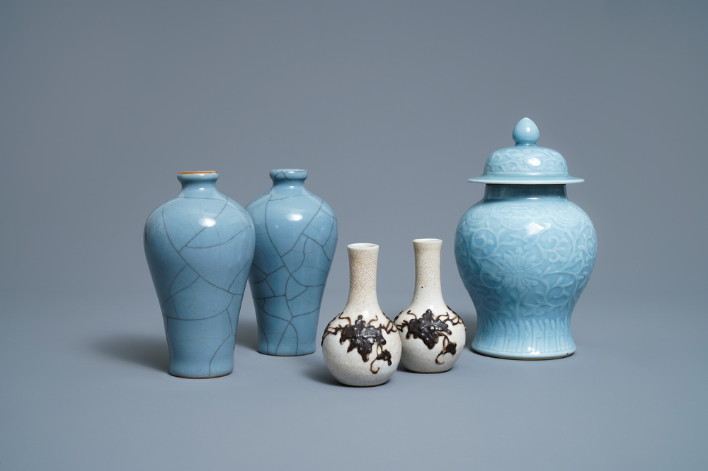 Five Chinese monochrome lavender blue and crackle-glazed vases, 19/20th C.