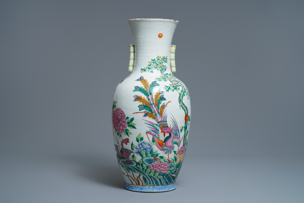 A Chinese famille rose 'phoenix and crane' vase, Qianlong mark, 19th C.