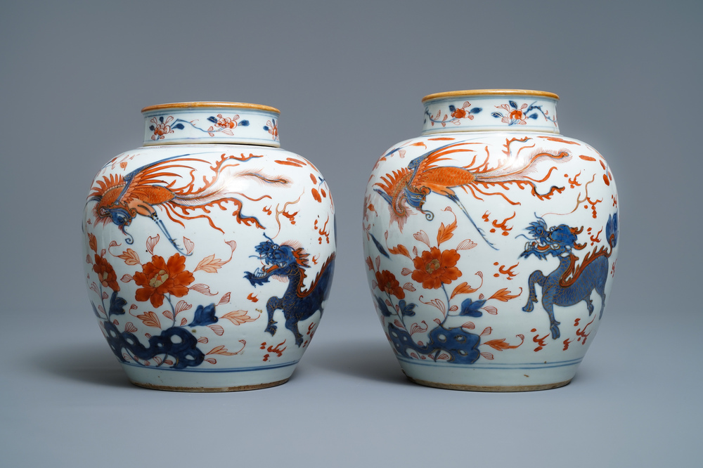 A pair of Chinese Imari-style 'qilin and phoenix' jars and covers, Kangxi
