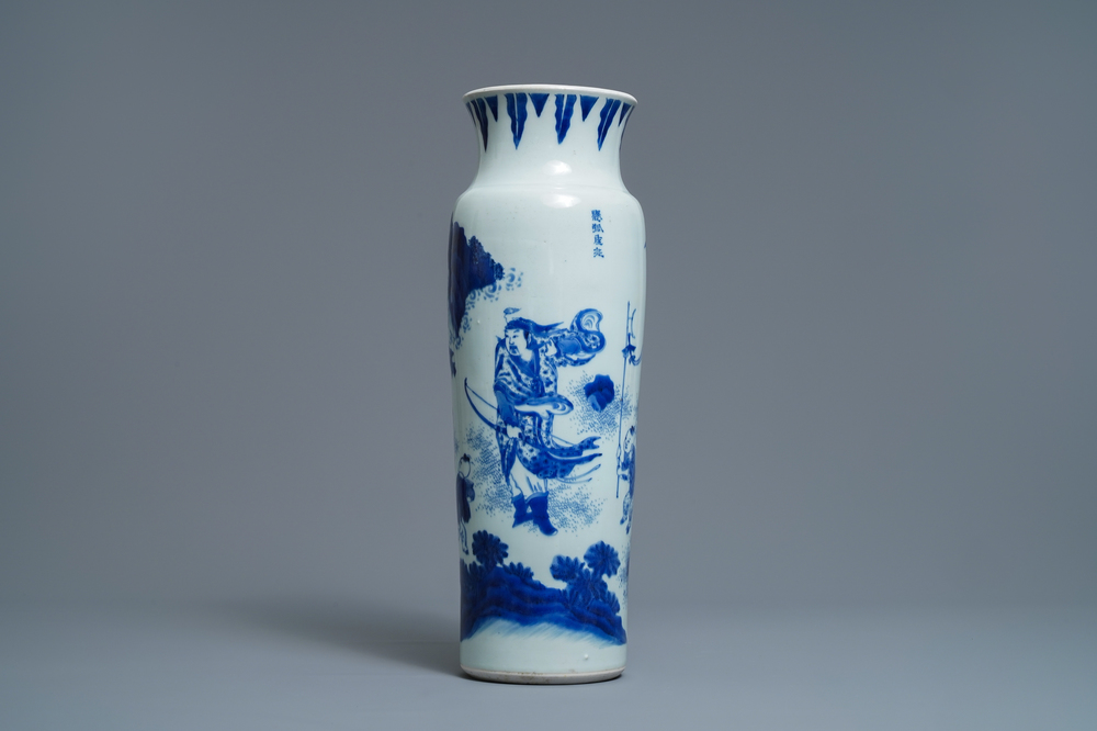 A Chinese blue and white sleeve vase depicting the legendary Zhang Xian, Transitional period