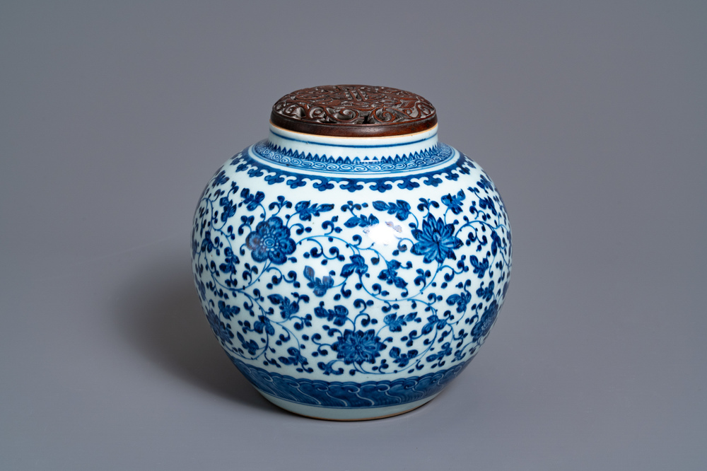 A Chinese blue and white globular jar with floral scrolls, Qianlong