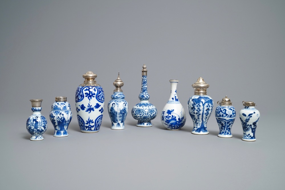 Nine Chinese blue and white silver-mounted vases, Kangxi