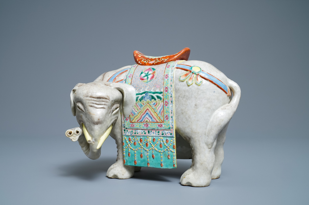 A large Chinese famille rose model of an elephant, 19th C.