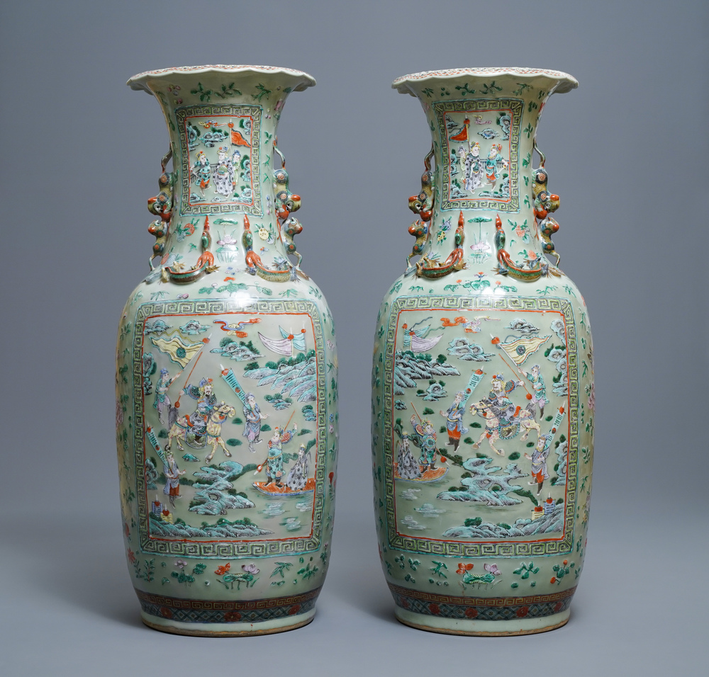 A pair of large Chinese famille verte celadon-ground vases with figural design, 19th C.